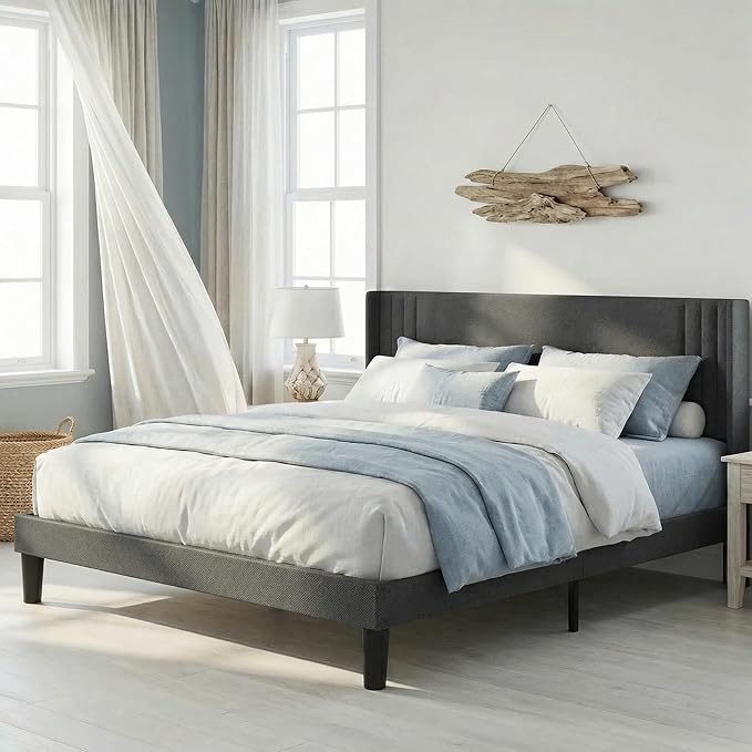 Gizoon Full Bed Frame with Wingback Headboard, Upholstered Platform Bed with Modern Geometric Headboard, Wooden Slats, Noise-Free, No Box Spring Needed