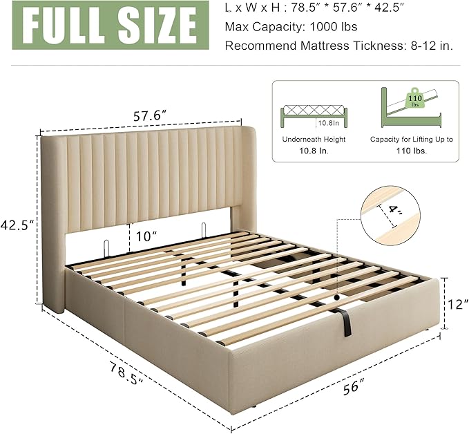 Feonase Full Size Lift Up Storage Bed Frame, Linen Upholstered Platform Bed with Wingback Headboard, Hydraulic Storage, No Box Spring Needed, Beige