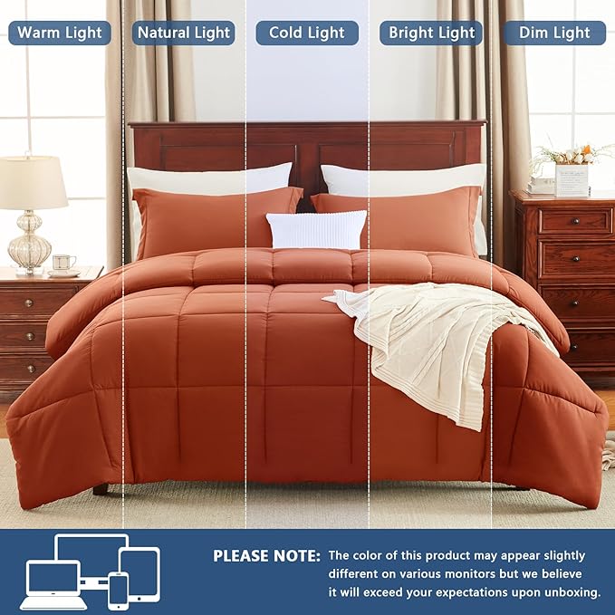 CozyLux Full Size Comforter Sets - 270GSM Terracotta Bedding Sets for All Seasons, 3 Pieces Box Stitched Bed Set with 1 Down Alternative Comforter and 2 Pillow Shams, Soft, Lightweight, Breathable