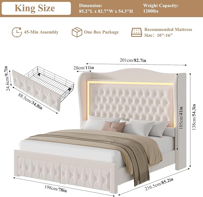 King Bed Frame 55" Tall Headboard with LED Lights, Buttons Tufted Velvet Upholstered Platform Bed Frame with 2 Storage Drawers, Wood Slats Support Mattress Foundation, No Box Spring Needed, Beige