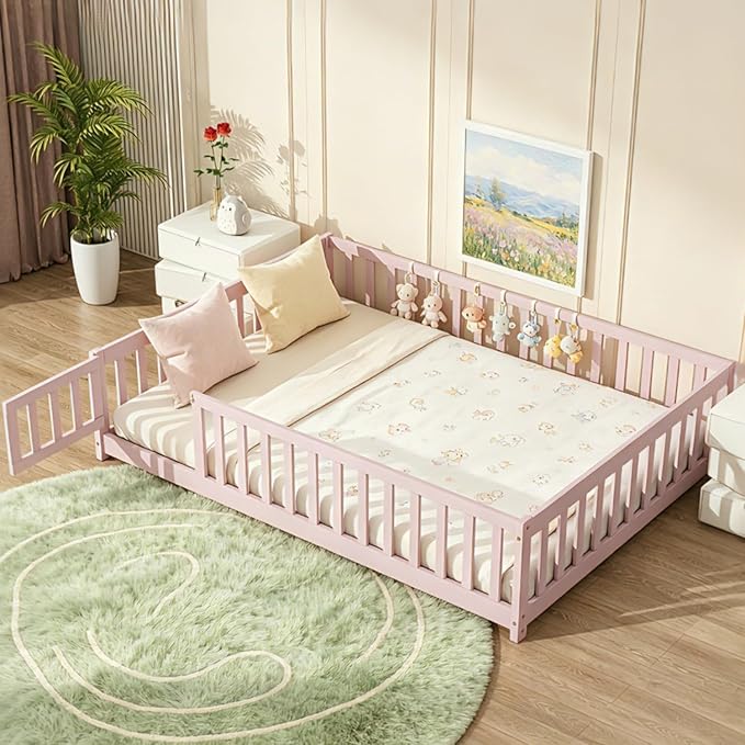 Bellemave Full Size Montessori Floor Bed Frame with Rails & Door, Solid Wood Kids Floor Bed Full with Removable Slats, Low Profile Montessori Bed for Children’s Sleep & Play, Pink