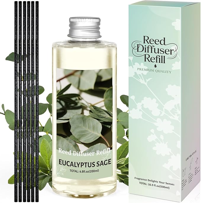 STRN Reed Diffuser Oil Refill, Eucalyptus Sage Scented Reed Diffuser Set, 6.8 fl.oz（200ml）, Reed Diffuser Refill for Summer Home Fragrance, Bedroom, Bathroom Office Home Decor