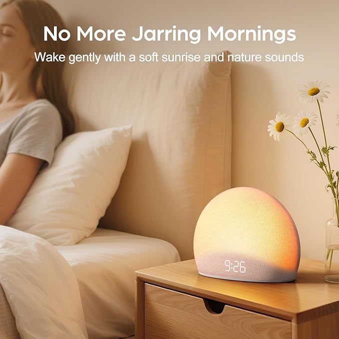 HOUSBAY Sunrise Alarm Clock, White Noise Sound Machine for Bedroom | Natural Wake-Up Light with Gentle Alarm Sounds, 20 Soothing Sleep Aids, Dimmable Display, Screen-Free Design - Pink