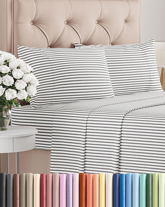 Queen Size 4 Piece Sheet Set - Comfy Breathable & Cooling Sheets - Hotel Luxury Bed Sheets for Women & Men - Deep Pockets, Easy-Fit, Soft & Wrinkle Free Sheets - Grey Stripes Oeko-Tex Bed Sheet Set