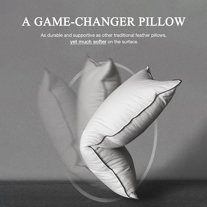DWR Luxury Hotel Goose Feather Down Pillows Queen Size Set of 2, Medium Firm Bed Pillows for Sleeping, 100% Organic Cotton Cover, Soft Yet Supportive Polyester Surround, White 20"x30"