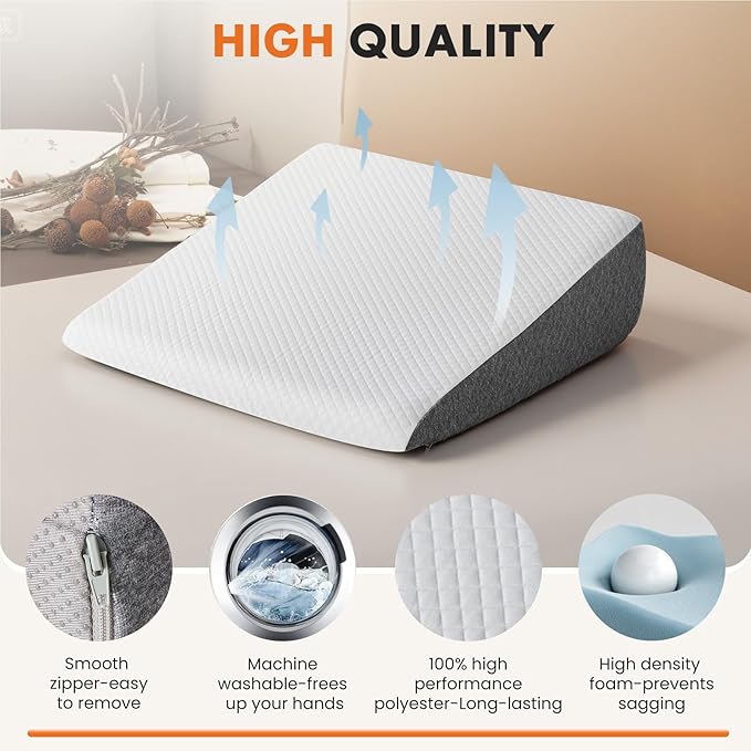 Sweetcrispy 7.5 Inch Wedge Pillow, Body Pillow for Snoring, Sleep Apnea, Neck Pain Relief, Post Surgery, Sleeping Comfort, White & Gray