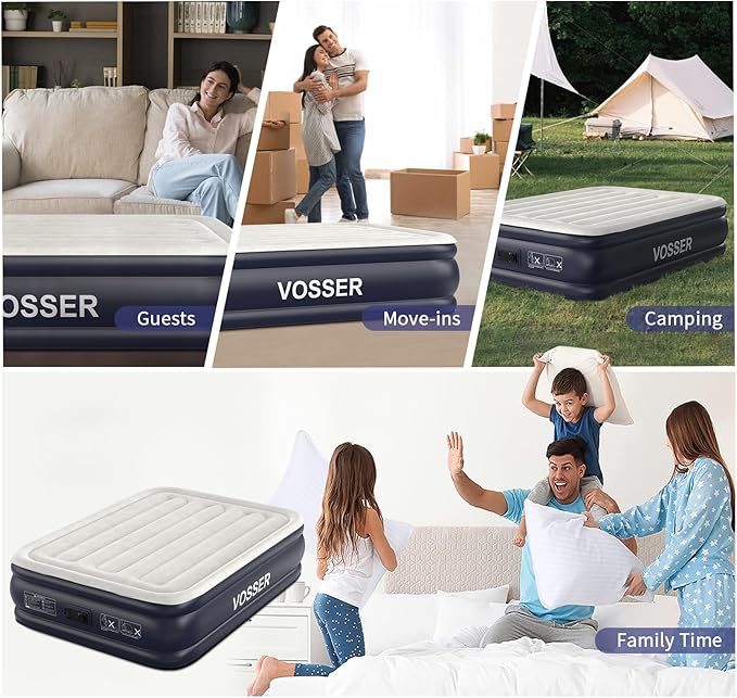 VOSSER Air Mattress Full with Built in Pump,18''Inflatable Mattress of Upgraded Vertical Beams,Self Inflatable/Deflation Blow Up Mattress in 3 Mins,Flocked Top Airbed with Carry Bag for Home, Camping