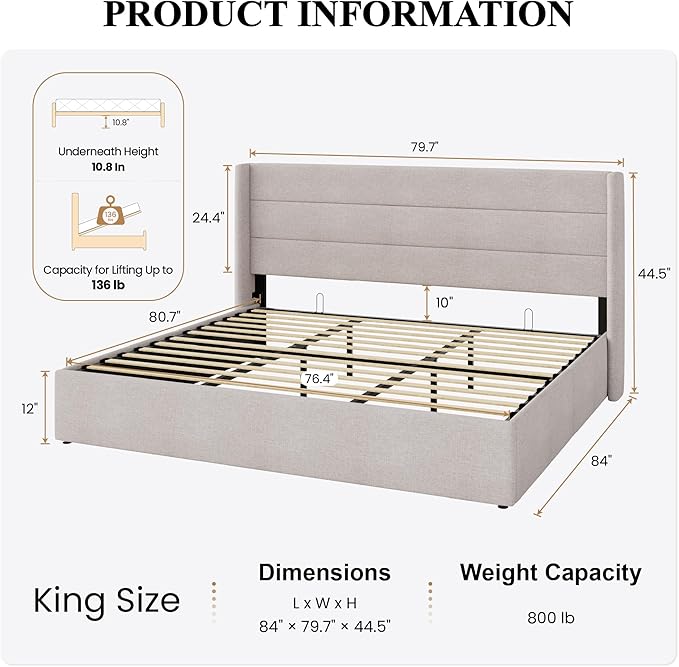 SHA CERLIN King Size Lift Up Storage Bed/Modern Wingback Headboard/Upholstered Platform Bed Frame/Hydraulic Storage/No Box Spring Needed/Wood Slats Support/Light Beige