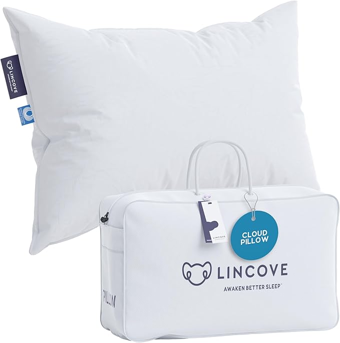 Lincove Cloud Natural Canadian Down Pillow, White Luxury Sleeping Pillow - 625 Fill Power, 500 Thread Count Cotton Shell, Made in Canada, Queen - Medium, 1 Pack