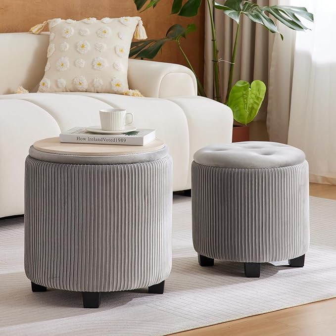 BLEXA Big Round Ottoman with Storage Set of 2,Upholstered Velvet Vanity Stool for MakeupMultifunctional Foot Rest Coffee Table Padded Seat Tufted Ottomans for LivingRoom&Bedroom (Large Grey)