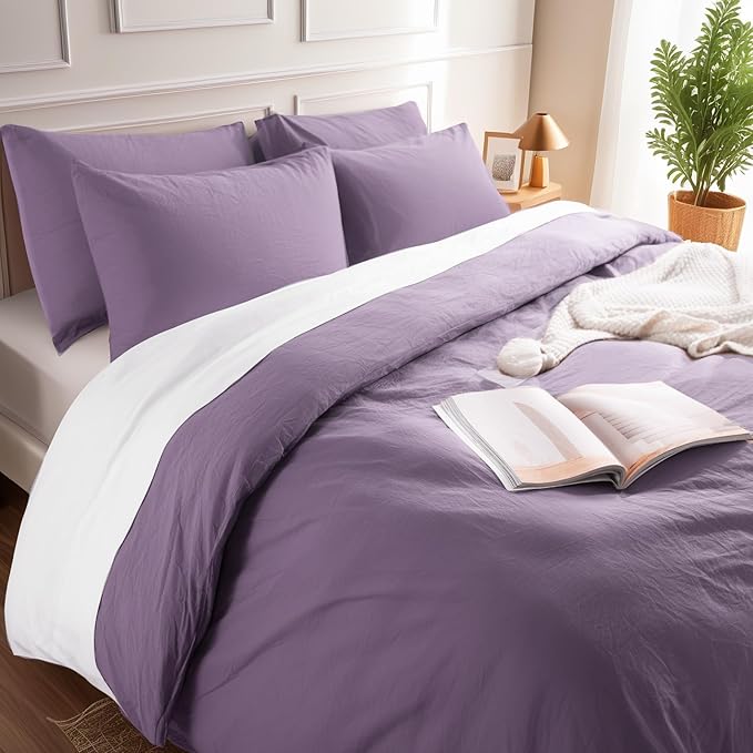 NEXHOME PRO Twin Duvet Cover Set, 100% Washed Cotton with Linen-Like Texture, Natural Organic, Breathable & Comfortable, Includes Home Bedding Set Dusty Purple (No Comforter) 6890