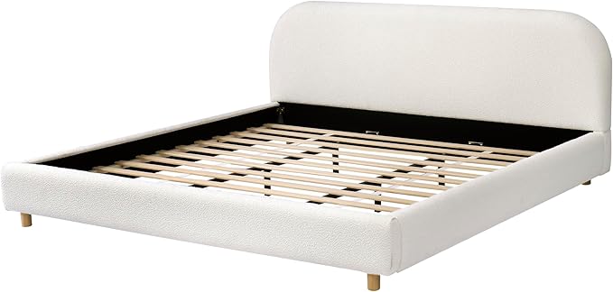 Merax California King Size Teddy Fleece Thick Fabric Upholstered Platform Bed with Curved Shaped Headboard, Wood Bed Frame with Solid Round Legs for Kids Teens Adults, White