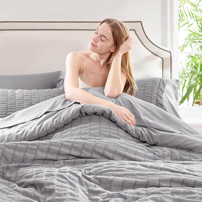 CozyLux King Size Comforter Set Grey Seersucker 7 Pieces Bed in a Bag King Comforter Set with Sheets, Gray Luxury Soft Bedding Sets with Down Alternative Comforter, Sheets, Pillowcases & Shams