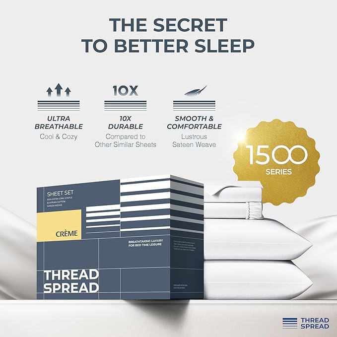THREAD SPREAD 100% Egyptian Cotton Split King Sheets Sets for Adjustable Bed - 1500 Series Split Top King Sheets (5 PC, White), Silky Soft, Sateen Weave, Cooling & Breathable, 17" Deep Pocket Bed Set