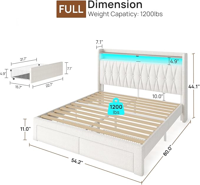 Rolanstar Full Bed Frame with Drawers, Storage Headboard with Charging Station and LED Lights, Upholstered Bed with Heavy Duty Wood Slats, No Box Spring Needed, Noise Free, Easy Assembly, Beige