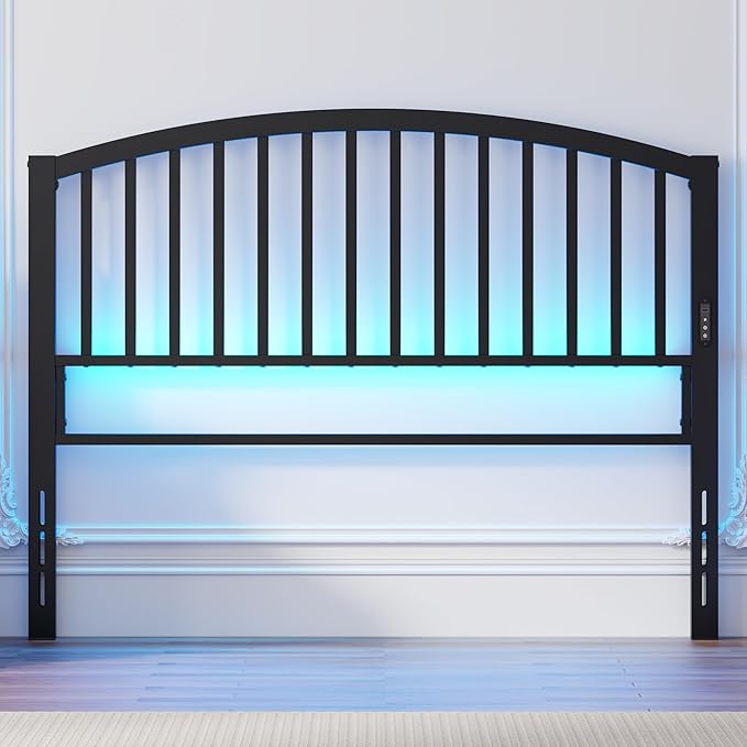 Weehom Queen Headboard with Led Lights, Farmhouse Vintage Style Metal Headboard Queen Size, Modern Freestanding Black Headboard Only for Bedroom
