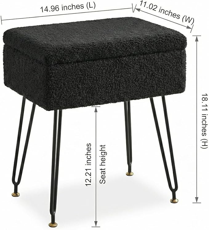 Vanity Stool Chair, Faux Teddy Fur Ottoman Foot Stool with Metal Legs & Adjustable Black Feet, Flip Top Storage Makeup Stool with Soft Padded Seat, Foot Rest for Makeup Room Bedroom, Black
