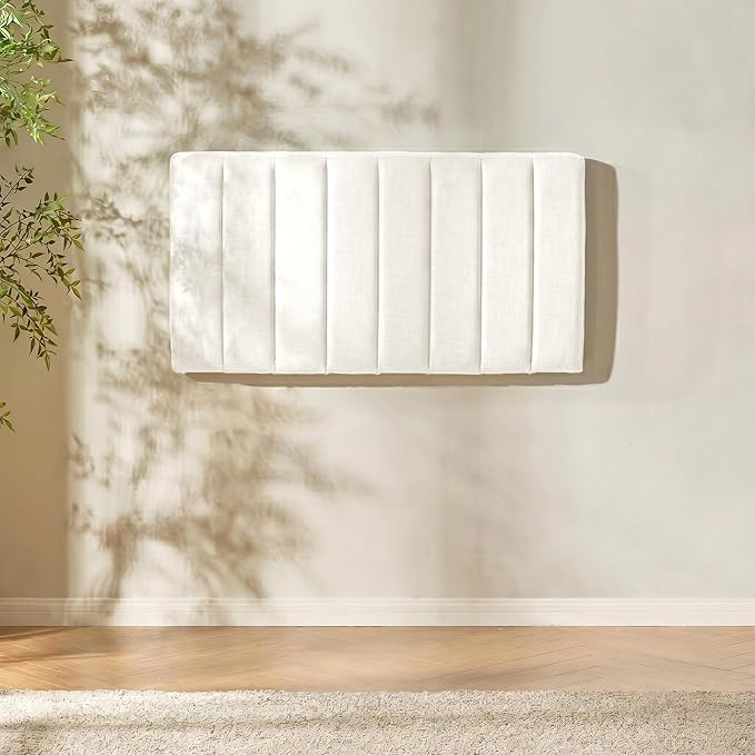 Hearth & Harbor Upholstered Twin Headboard - Easy Assemble Channel Stitched Headboard Twin Size - Wall Mounted Headboards with 3D Soundproof Wall Panels Peel & Stick Floating Headboards, Off White