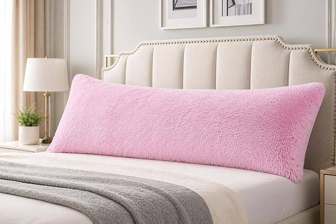 Reafort Luxury Faux Fur Body Pillow Cover 21" x 54", Long Hair PV Plush Body Pillow Case with Hidden Zipper Closure, Ultra Soft Fluffy Decorative Long Pillow Cover (Pink, Body)
