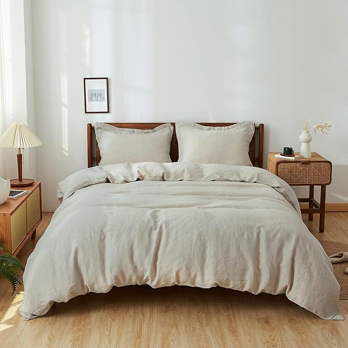 Simple&Opulence 100% Linen Duvet Cover Set 3pcs Basic Style Natural French Washed Flax Solid Color Soft Breathable Farmhouse Bedding with Button Closure - Linen, Full