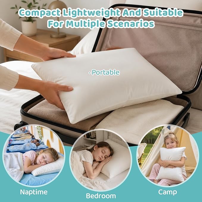 16x22 Kid Pillow with 100% Organic Cotton Pillowcase and Shell - Adjustable Youth Pillow Meets the Growth Need of Kids at Age 4-10, Soft Non Toxic Pearl Filling, Machine Washable, Travel&School