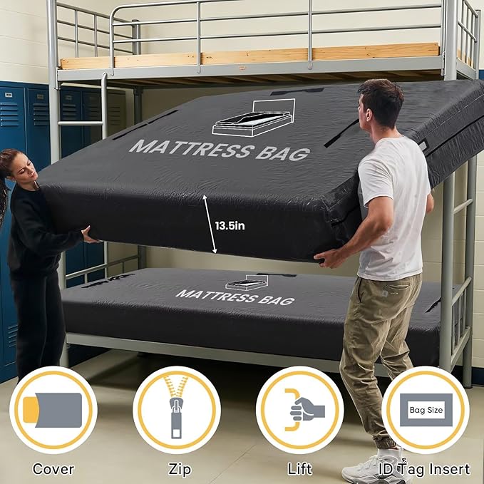Mattress Bags for Moving and Storage, BETU Waterproof Mattress Protector Twin XL Mattress Cover with 8 Heavy Duty Handles and Zipper Extra Thick Moving Supplies for Dorm Reusable (82x42x13.5 Black)