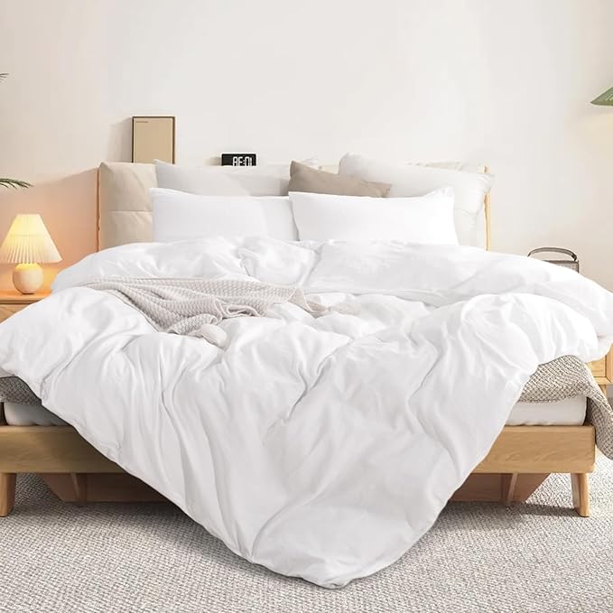 NEXHOME PRO Cotton Duvet Cover Set King Size Linen Feel White Organic Natural 100% Washed Cotton Duvet Cover Set 3 Pieces Bedding Set with Zipper Closure, Lightweight and Breathable (No Comforter)