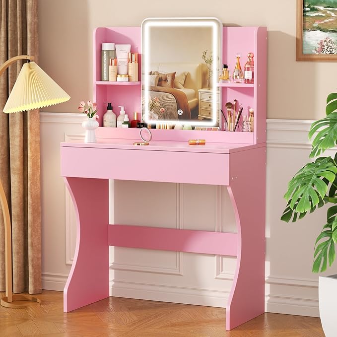 Small Vanity Desk with Mirror and Lights, Makeup Vanity with Storage Drawer, 2 Shelves and 3 Compartments - Pink