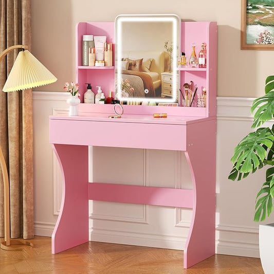 Small Vanity Desk with Mirror and Lights, Makeup Vanity with Storage Drawer, 2 Shelves and 3 Compartments - Pink