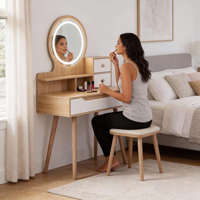 Casaphoria Makeup Vanity Desk with LED Mirror & Storage, 31.5 Inch Dressing Table with 4 Drawers, 3 Open Shelves, Solid Wood Legs for Bedroom, Small Space Vanity Table