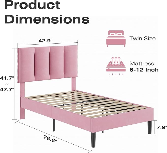 VECELO Twin Size Bed Frame with Upholstered Headboard, Heavy-Duty Bedframe with Wooden Slats & Steel Framework, Easy Assembly, Pink