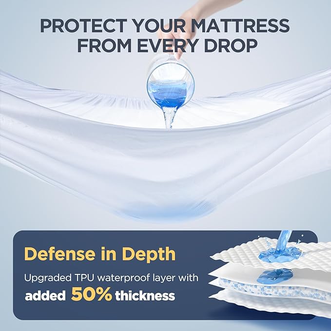 Premium Waterproof Queen Mattress Protector Made From Silver-infused Bamboo Rayon For Better Health, Odor-free Hypoallergenic Mattress Cover Queen Size Bed, Noiseless Bed Cover with 6"-21"Deep Pocket