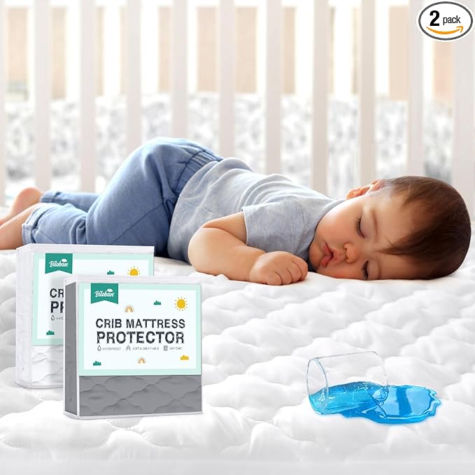 2 Pack Crib Mattress Protector Sheets, Fitted Waterproof Mattress Pad Cover, Noiseless & Machine Wash 100% Absorbent Crib/Toddler Mattress Protector Sheet Quilted, White & Gray, 52" x 28"