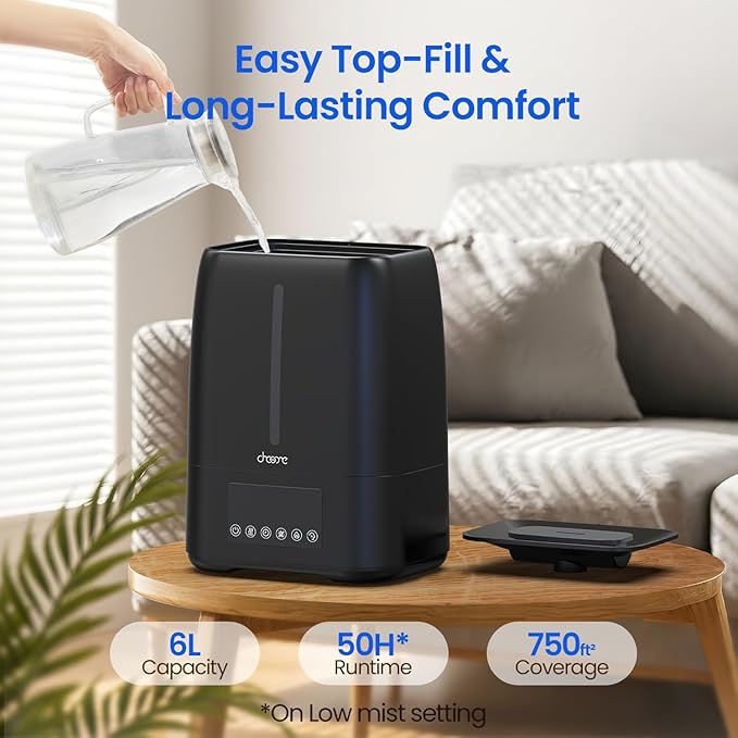 6L Top Fill Ultrasonic Humidifier - Cool and Warm Mist for Bedroom, Baby, Large Rooms & Plants, Smart Humidity Control, Aroma Diffuser, Night Light, 12H Timer, Quiet, Black