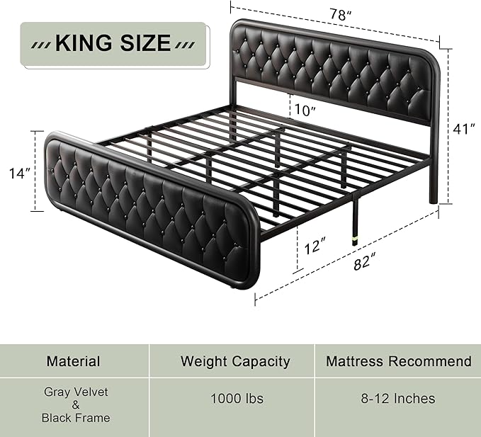 Feonase King Size Bed Frame, Upholstered Bed Frame with Faux Leather Headboard, Heavy Duty Platform Bed with Strong Metal Slats, 12 Inch Under-Bed Storage, Noise-Free, Easy Assembly, Matte Black