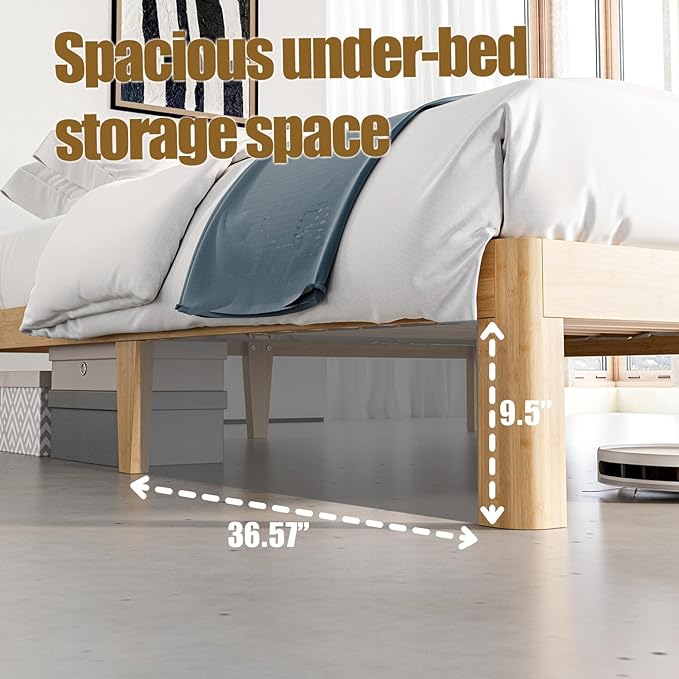 12 Inch High Bamboo Wood King Size Bed Frame Platform, Steel Slat Support King Bed Frame, No Box Spring Needed, Easy Assembly, Noise Free, Sturdy