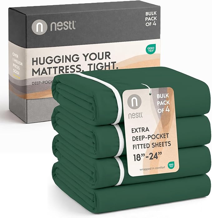 Nestl 4 Pack Dark Green Fitted Sheet Extra Deep Pocket, Hotel Luxury Twin XLFitted Sheet Only Easily Fits 18 to 24 Inch Mattress, Super Soft, Wrinkle-Free and Breathable with Corner Straps