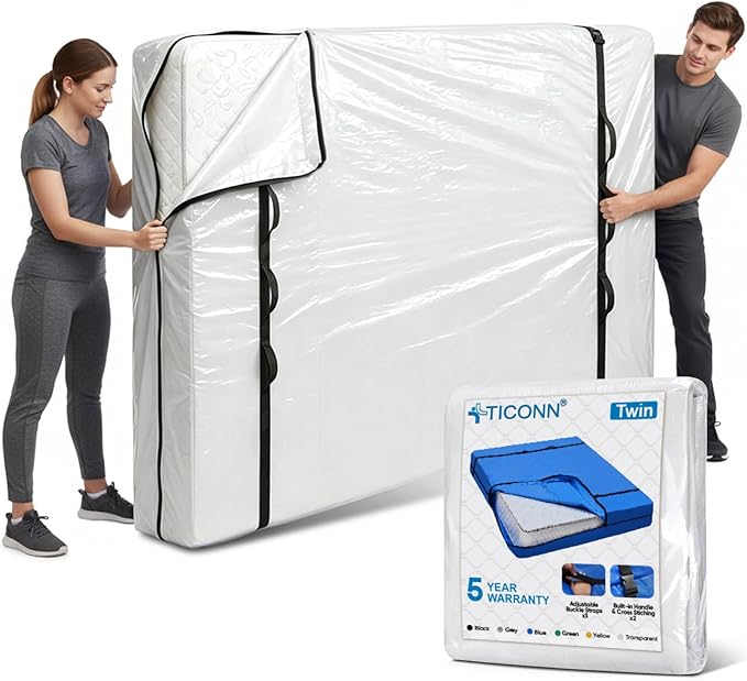 TICONN Mattress Bags for Moving, Heavy Duty Twin Mattress Cover Storage Bag with Full-Around Handle and Adjustable Buckles (Clear, Twin)