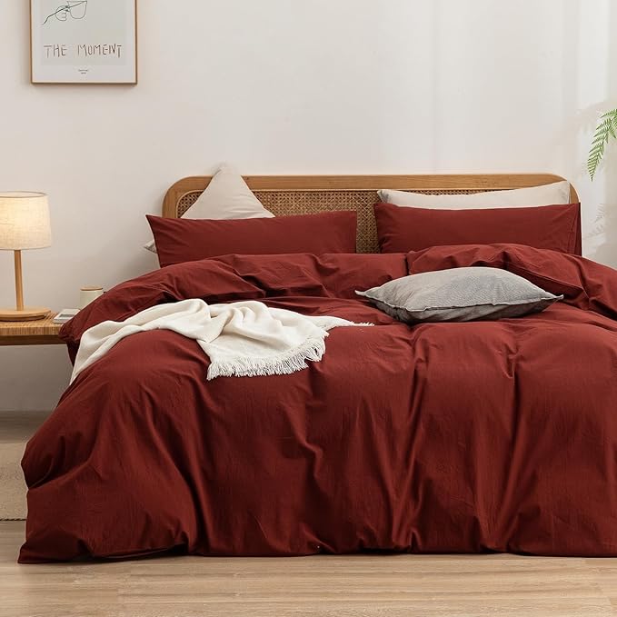 BESTOUCH Duvet Cover Set 100% Washed Cotton Linen Feel Super Soft Comfortable Chic Lightweight 3 PCs Home Bedding Set Solid Fired Brick Red Alaska King