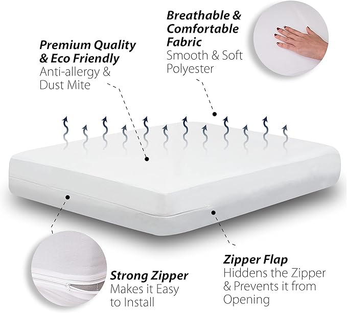 Waterproof Mattress Protector Twin Size - 6-Sided Zippered Mattress Encasement, Breathable Fabric Cover, Machine Washable, Fits Twin Mattress 39 x 75 Inches, Up to 16" Deep