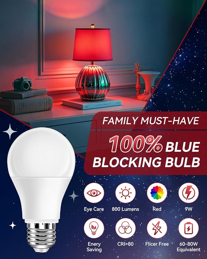 Neporal 625nm Red Light Bulbs for Sleep 9W, 100% Blue Light Blocking Red Night Light, Sleep Light Bulb for Melatonin Promoting, A19 60W Equivalent Dim Light Bulbs for Bedroom, Baby Nursery,4 Packs
