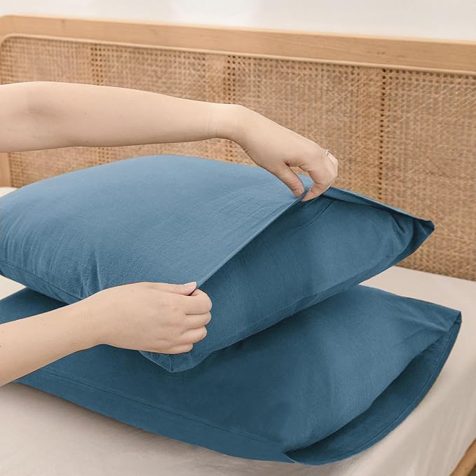 BESTOUCH 100% Washed Cotton Pillowcase for Hair and Skin Linen Feel Soft Comfortable Breathable 2 Set Pillow Case with Envelope Closure Solid Dark Blue Standard 20x26 Inches