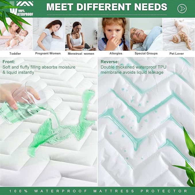 Unilibra Twin XL Size Waterproof Mattress Pad Rayon Made from Bamboo, Quilted Breathable Mattress Protector, 6''-19'' Deep Pocket Fitted Mattress Cover White
