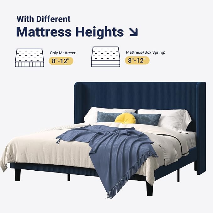 Allewie King Size Bed Frame with Upholstered Wingback Headboard, Vertical Channel Tufted Corduroy Velvet Platform Bed, Strong Wooden Slats Support, No Box Spring Needed, Easy Assembly, Dark Blue
