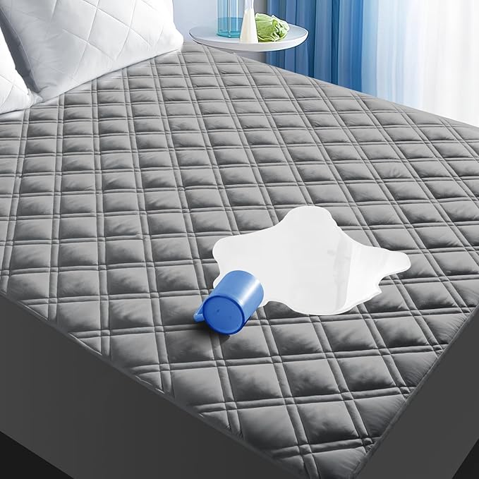 MEELUS King Mattress Protector, Breathable Waterproof Mattress Pad Cover Fitted Deep Pocket 8"-21", Soft Noiseless Mattress Cover Washable Cooling Padded for Home Hotel Bedroom, Gray