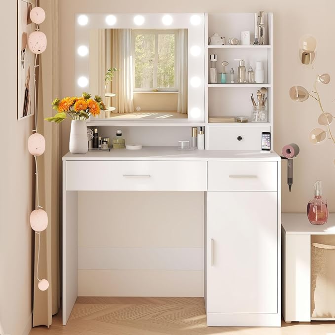 DUMOS Vanity Desk Makeup with Mirror LED Lights, Table with Power Outlet 2 Drawer, 4 Storage Shelves Cabinet & 3 Lighting Mode Adjustable Brightness, Dressing Tables for Bedroom, White