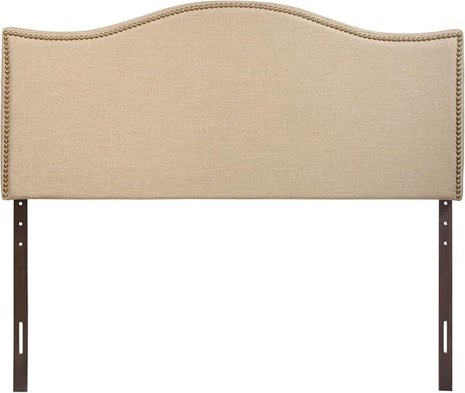 Modway Curl Linen Fabric Upholstered Queen Headboard with Nailhead Trim and Curved Shape in Café