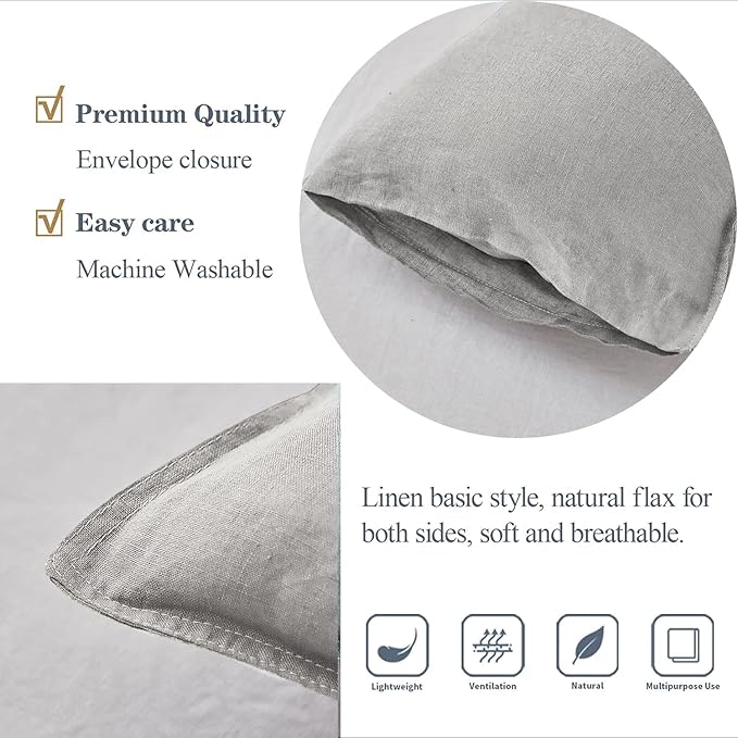 Simple&Opulence 100% Linen Lumbar Pillow Cover 12 x 20 Inches Set of 2 Rectangular Decorative Throw Cushion Cover for Couch Sofa Bed Living Room Office Soft Breathable Farmhouse - Light Grey