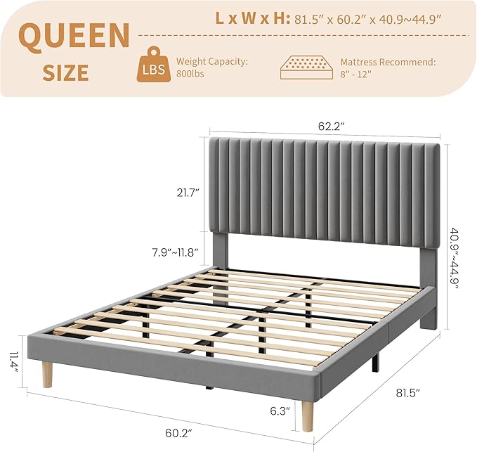 GAOMON Queen Bed Frame with Adjustable Headboard, Velvet Upholstered Platform Queen Size Bed Frame, Vertical Channel Tufted, Strong Wooden Slats, No Box Spring Needed, Easy Assembly, Grey