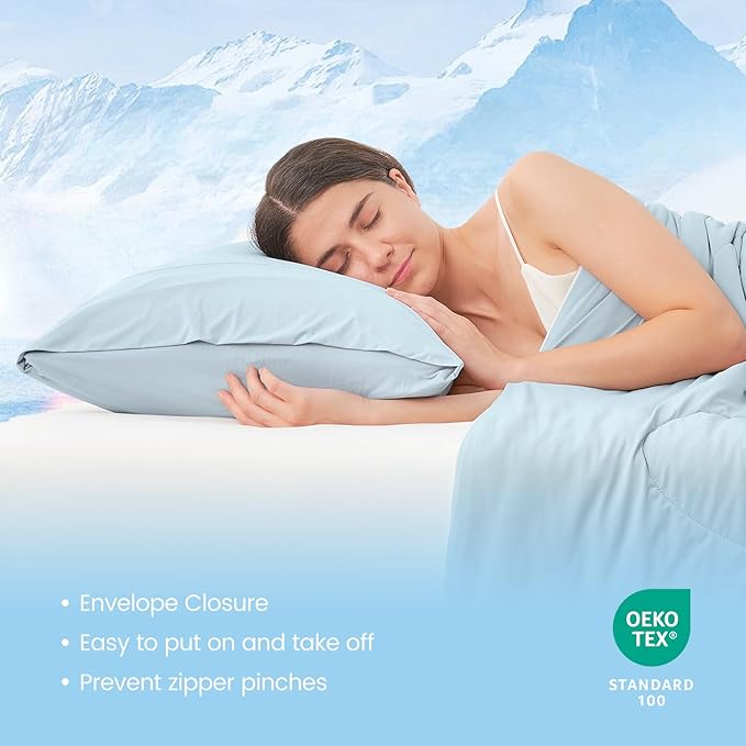 Cozy Bliss Cooling Pillow Cases for Hot Sleepers, Q-Max>0.45, Standard Size Set of 2, Soft & Silky Pillow Covers with Envelope Closure,Gift, Blue, 20x26 Inches